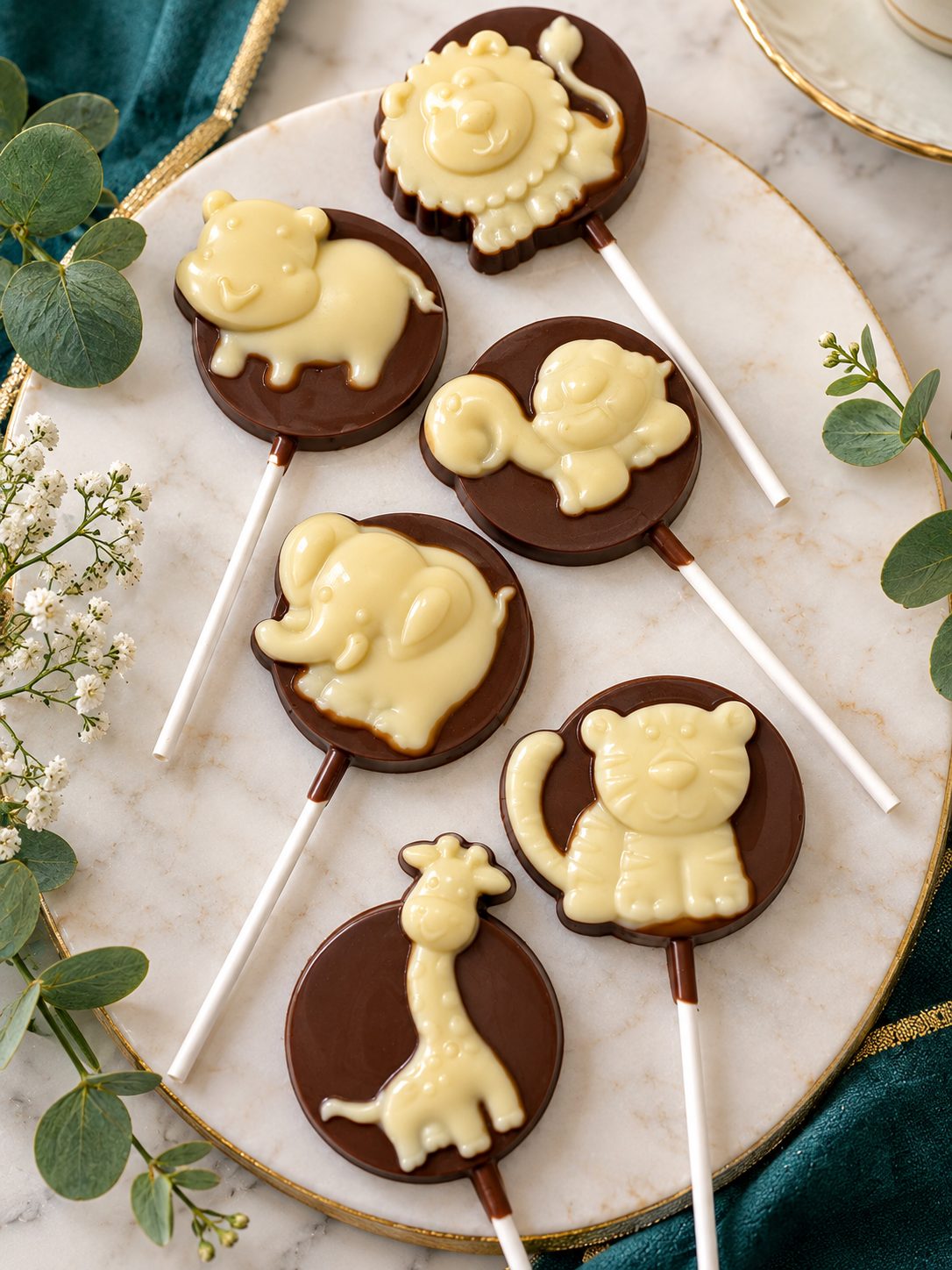 Set of 6 safari chocolate lollipops.