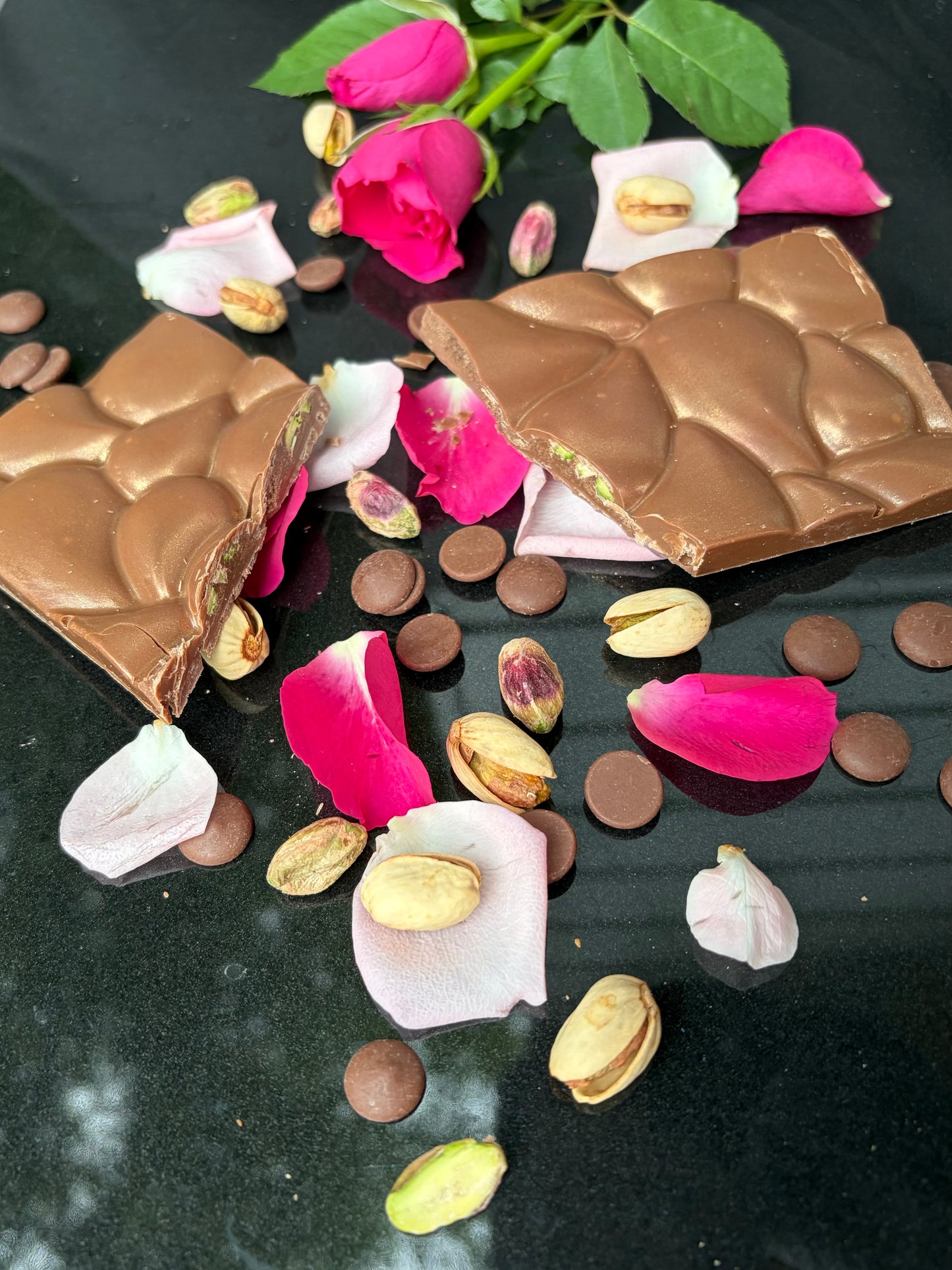 Belgian Milk Chocolate with Pistachio and Rose